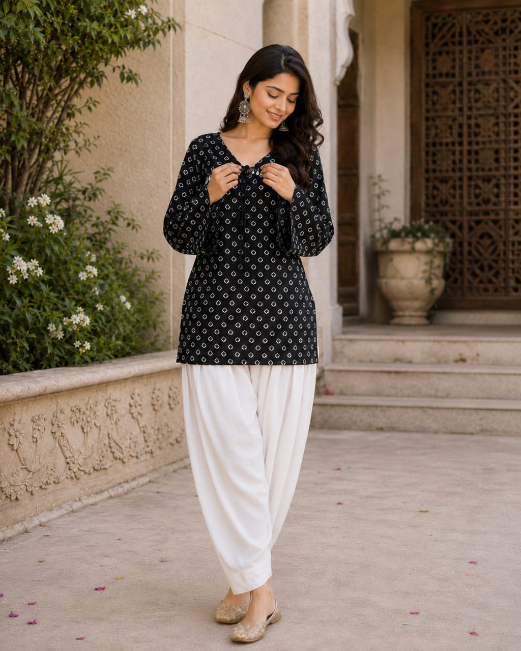 Black Pure Cotton With Bandhej Print Readymade Kurti With Top