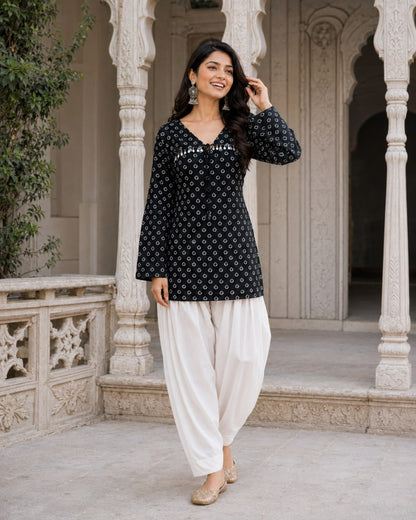 Black Pure Cotton With Bandhej Print Readymade Kurti With Top