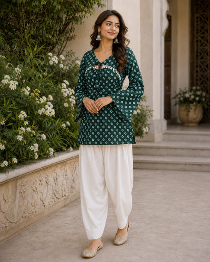 Green Pure Cotton With Bandhej Print Readymade Kurti With Top