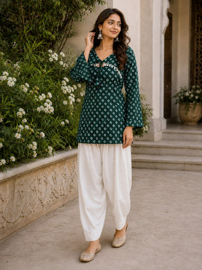 Green Pure Cotton With Bandhej Print Readymade Kurti With Top