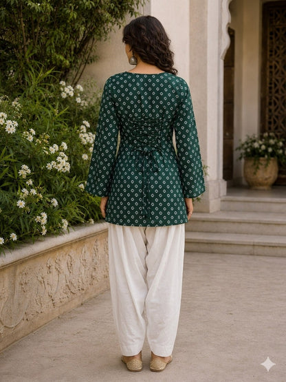 Green Pure Cotton With Bandhej Print Readymade Kurti With Top