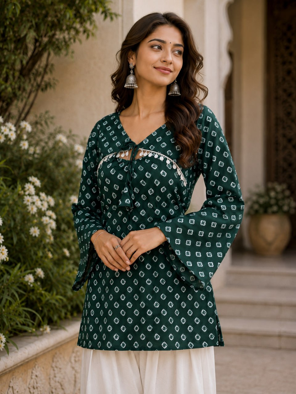 Green Pure Cotton With Bandhej Print Readymade Kurti With Top