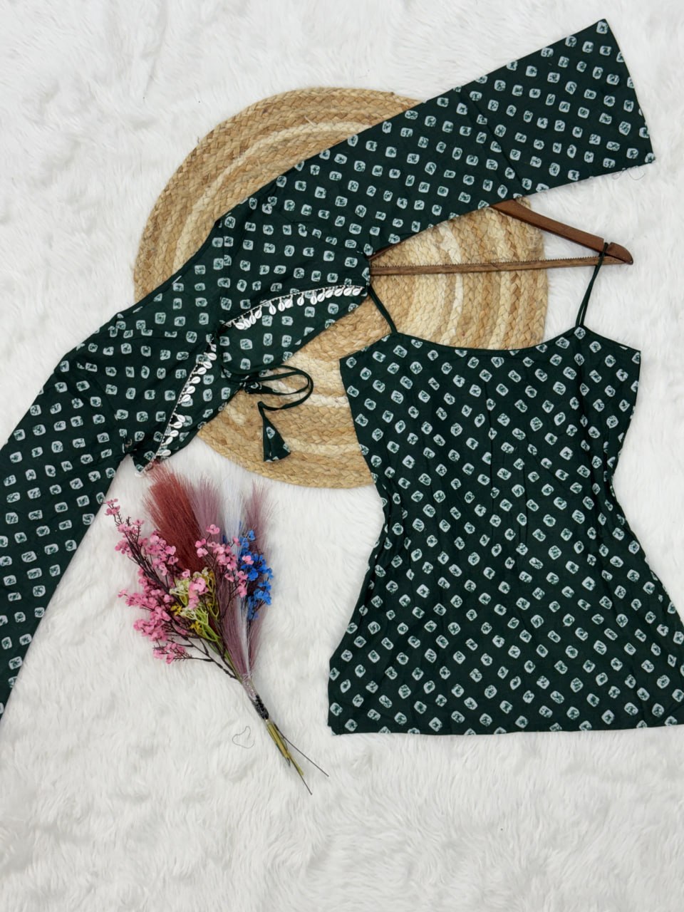 Green Pure Cotton With Bandhej Print Readymade Kurti With Top