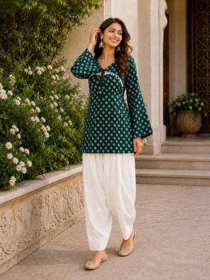 Green Pure Cotton With Bandhej Print Readymade Kurti With Top