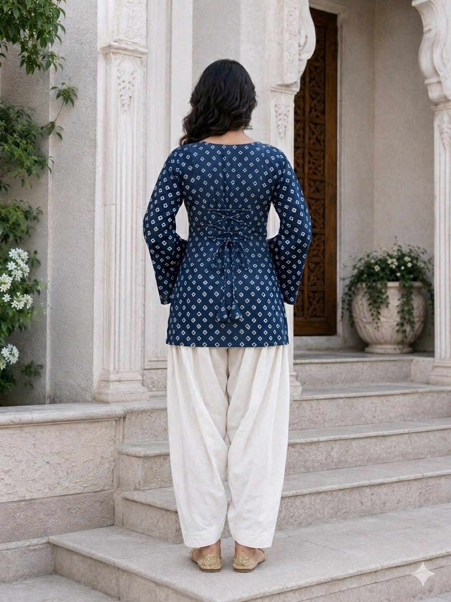 Navy Pure Cotton With Bandhej Print Readymade Kurti With Top