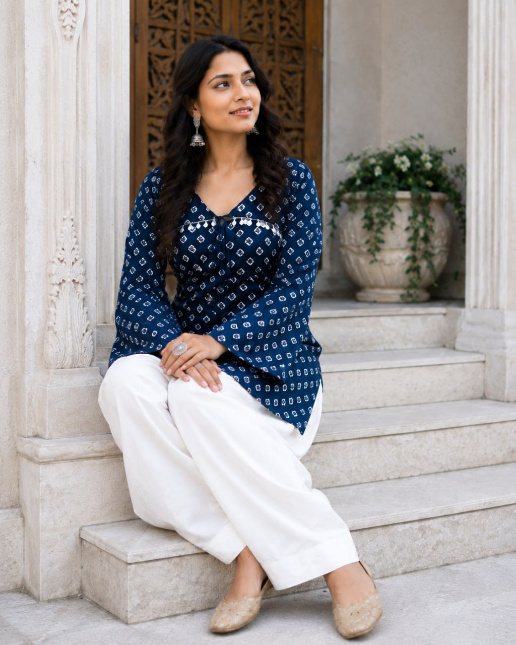 Navy Pure Cotton With Bandhej Print Readymade Kurti With Top