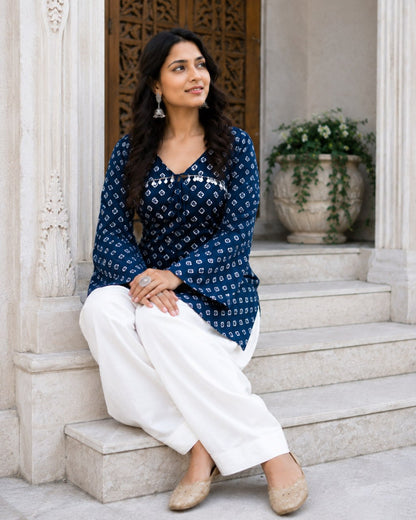 Navy Pure Cotton With Bandhej Print Readymade Kurti With Top