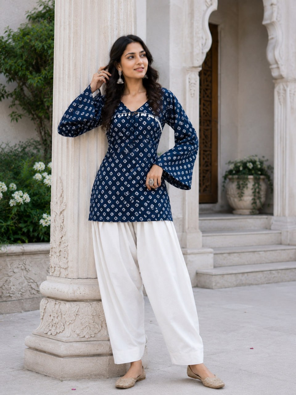 Navy Pure Cotton With Bandhej Print Readymade Kurti With Top