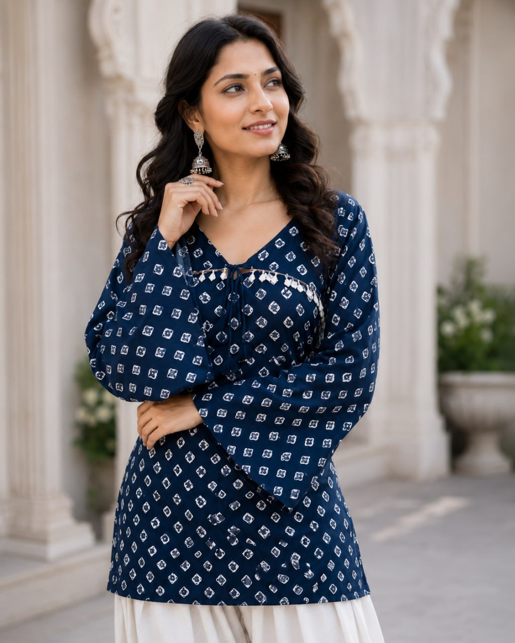 Navy Pure Cotton With Bandhej Print Readymade Kurti With Top