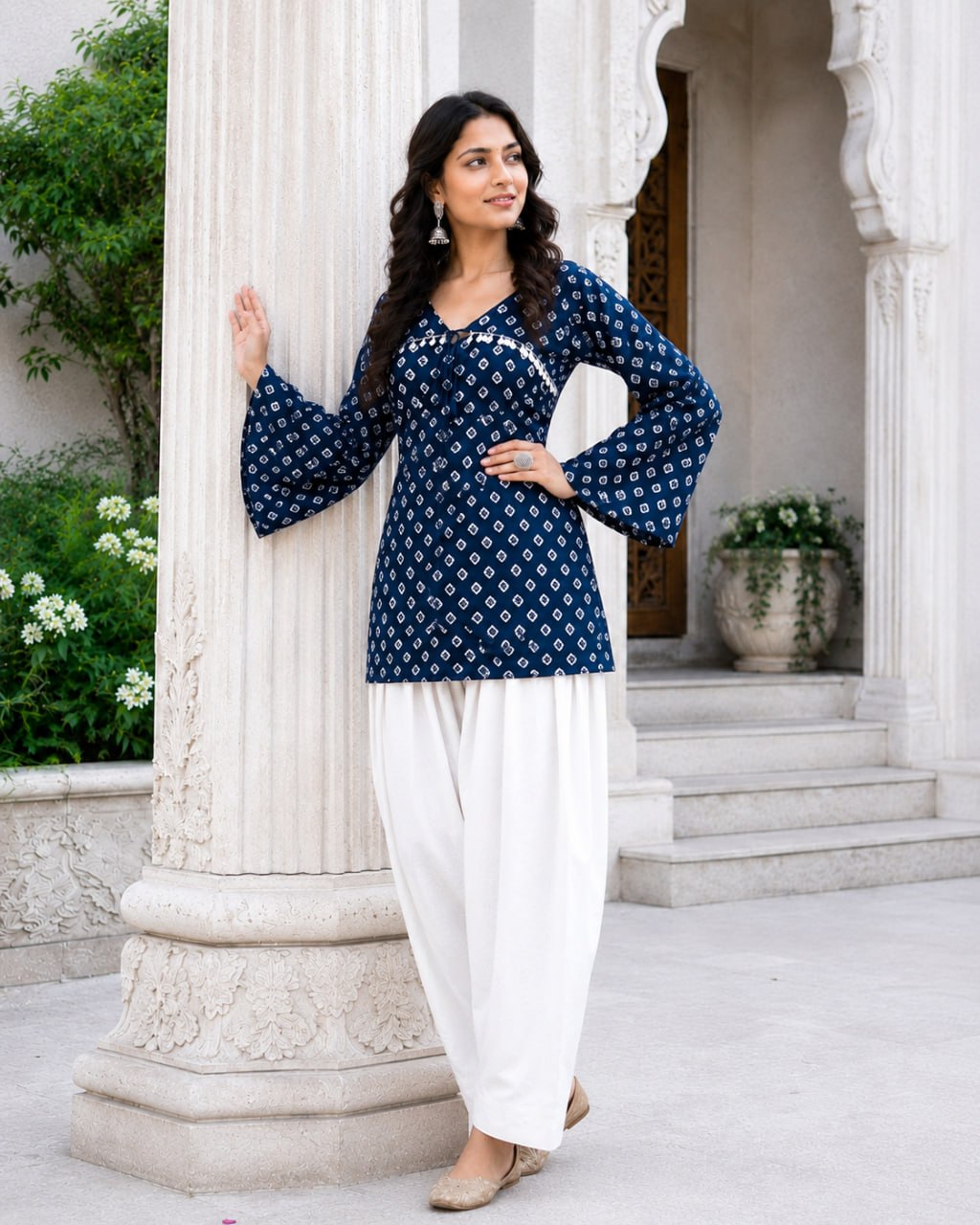 Navy Pure Cotton With Bandhej Print Readymade Kurti With Top