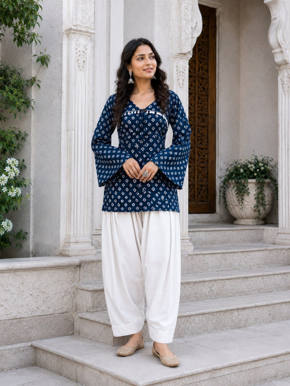Navy Pure Cotton With Bandhej Print Readymade Kurti With Top