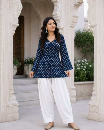 Navy Pure Cotton With Bandhej Print Readymade Kurti With Top