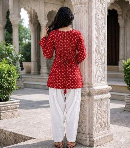 Red Pure Cotton With Bandhej Print Readymade Kurti With Top