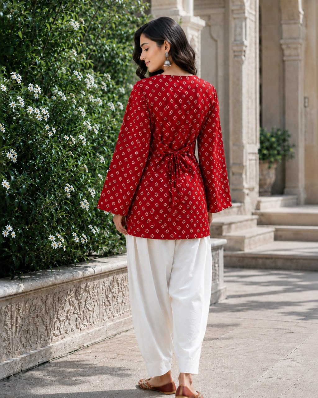 Red Pure Cotton With Bandhej Print Readymade Kurti With Top