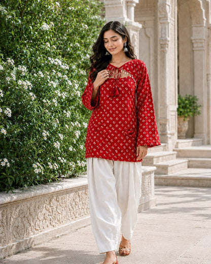 Red Pure Cotton With Bandhej Print Readymade Kurti With Top