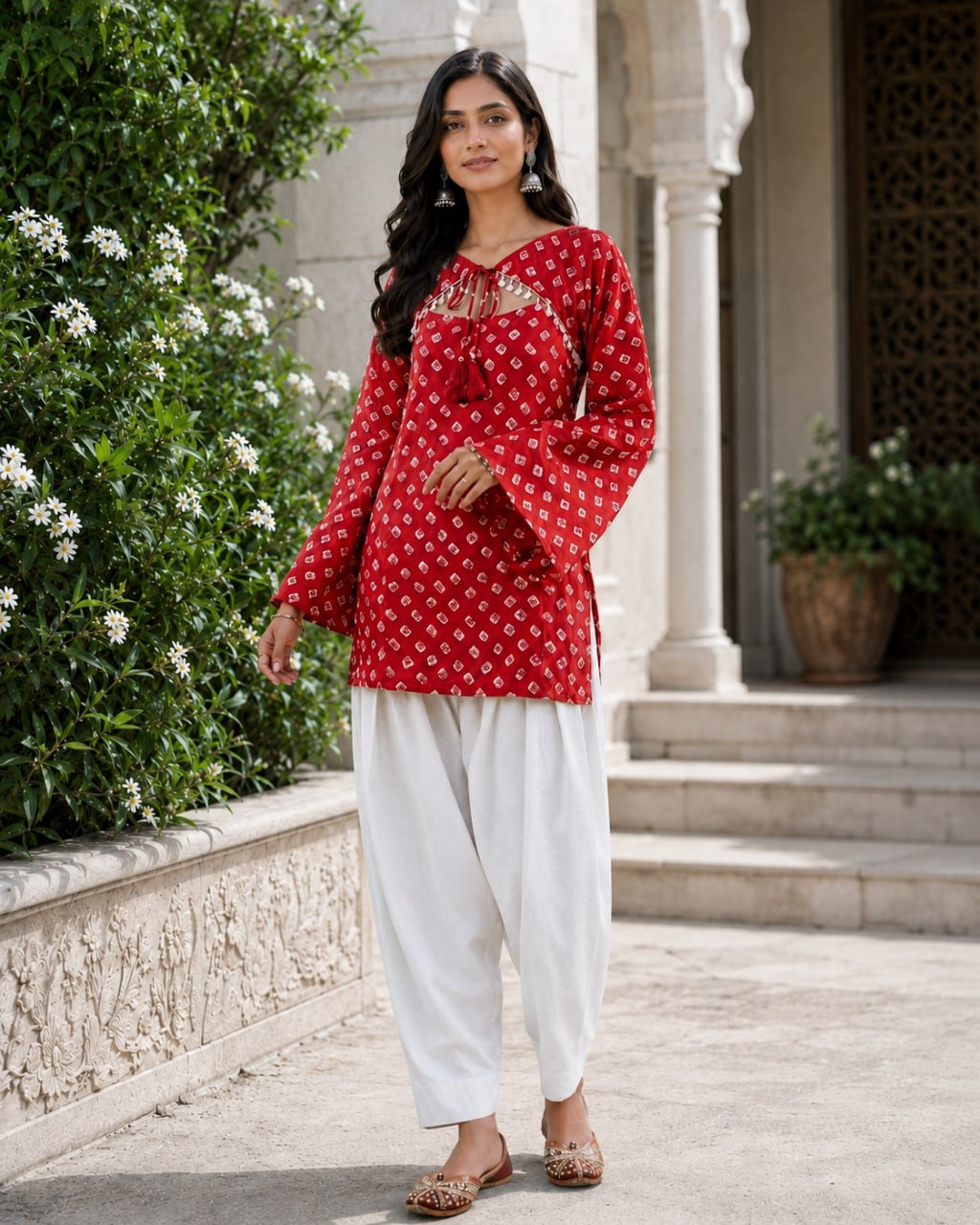 Red Pure Cotton With Bandhej Print Readymade Kurti With Top