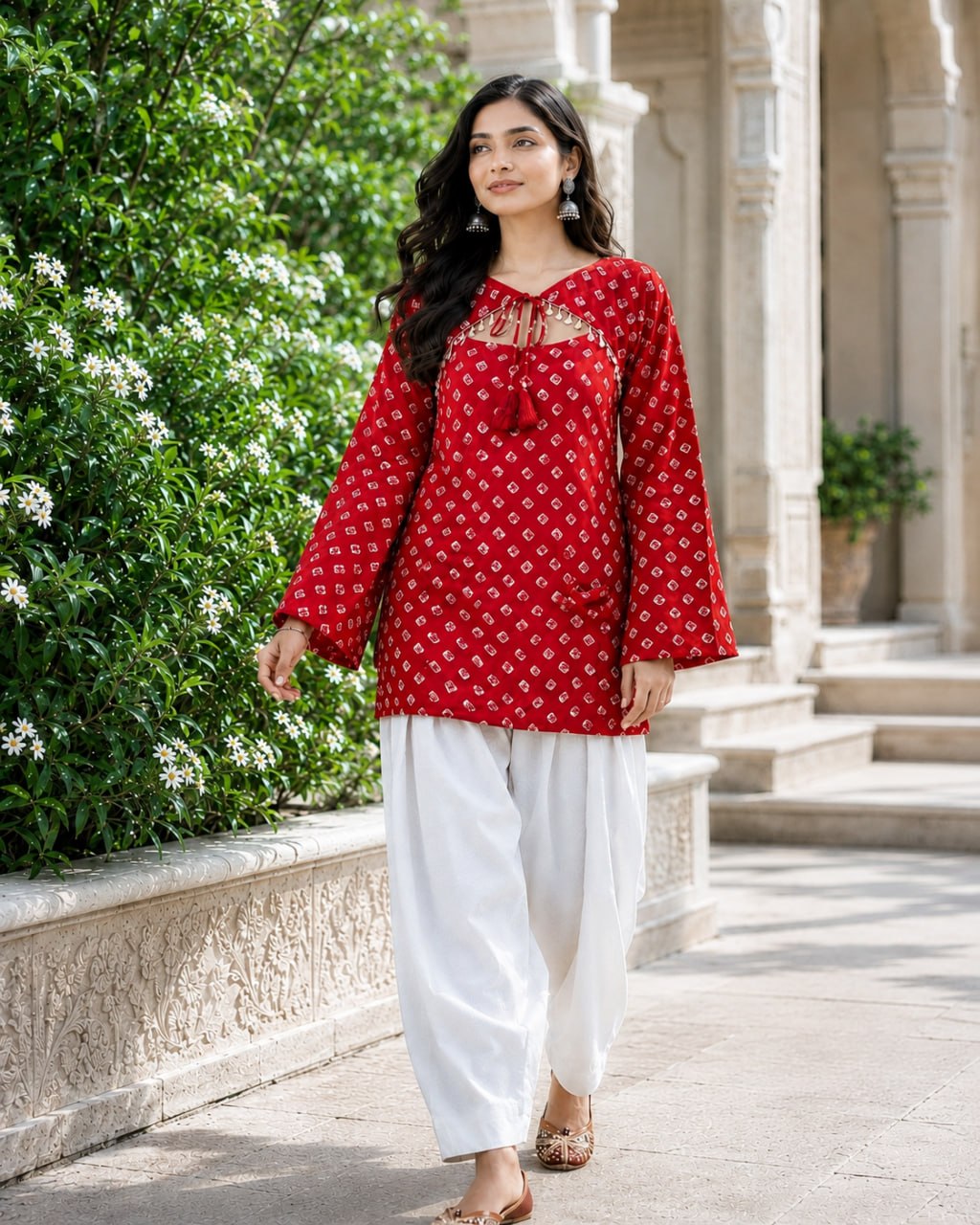 Red Pure Cotton With Bandhej Print Readymade Kurti With Top