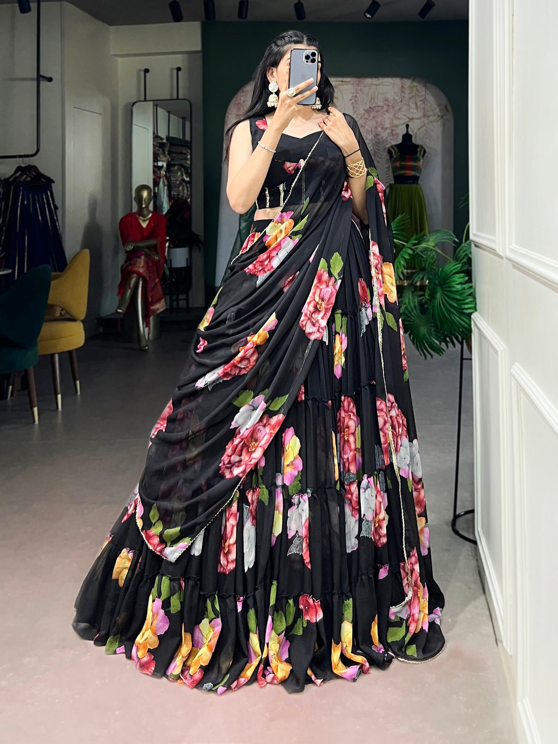 Black Pure Lightweight Chiffon Elegant Floral Printed Lehenga Choli