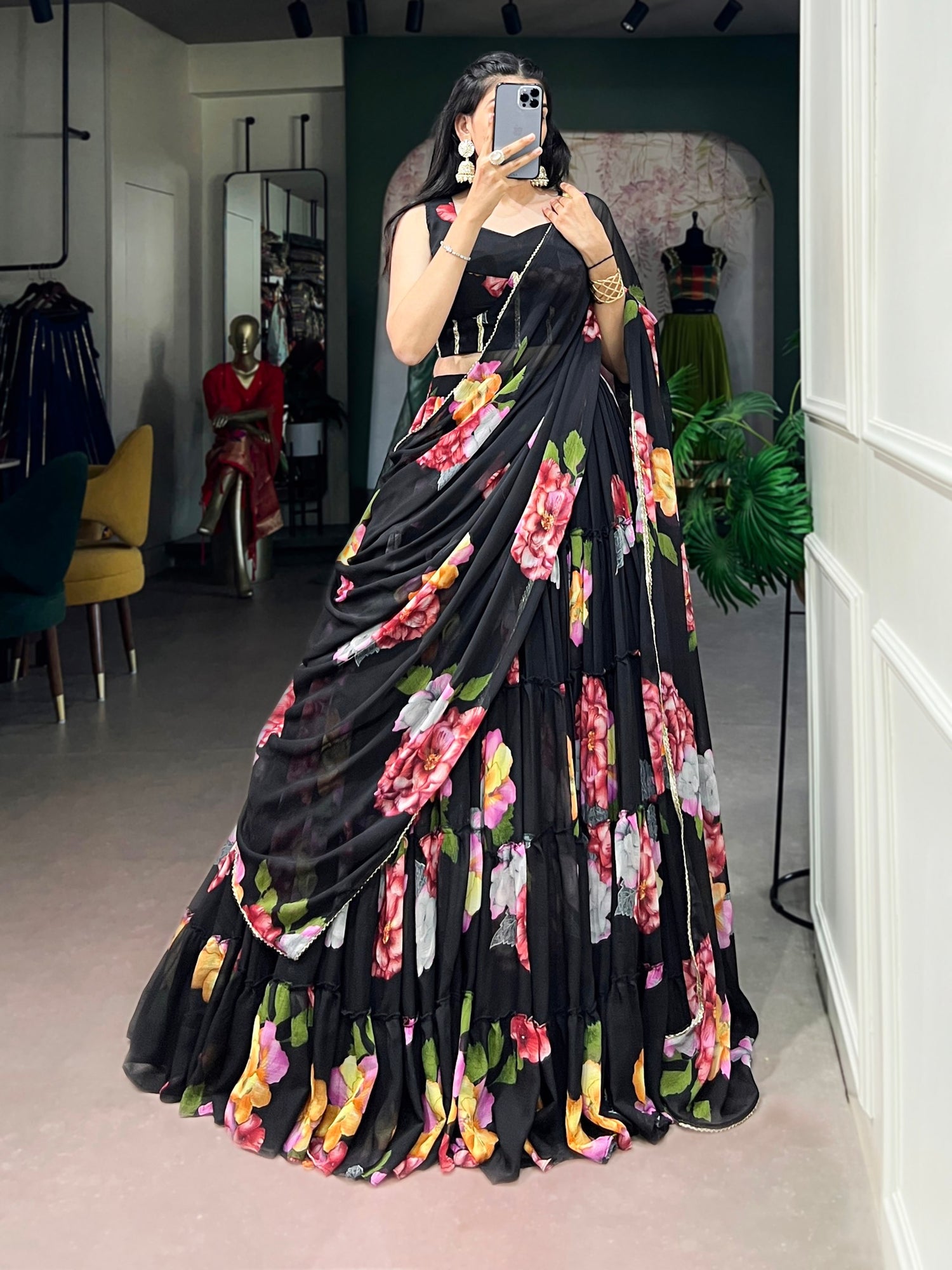 Black Pure Lightweight Chiffon Elegant Floral Printed Lehenga Choli