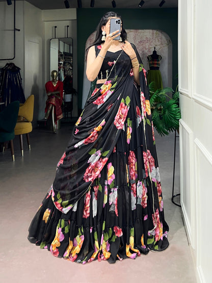 Black Pure Lightweight Chiffon Elegant Floral Printed Lehenga Choli