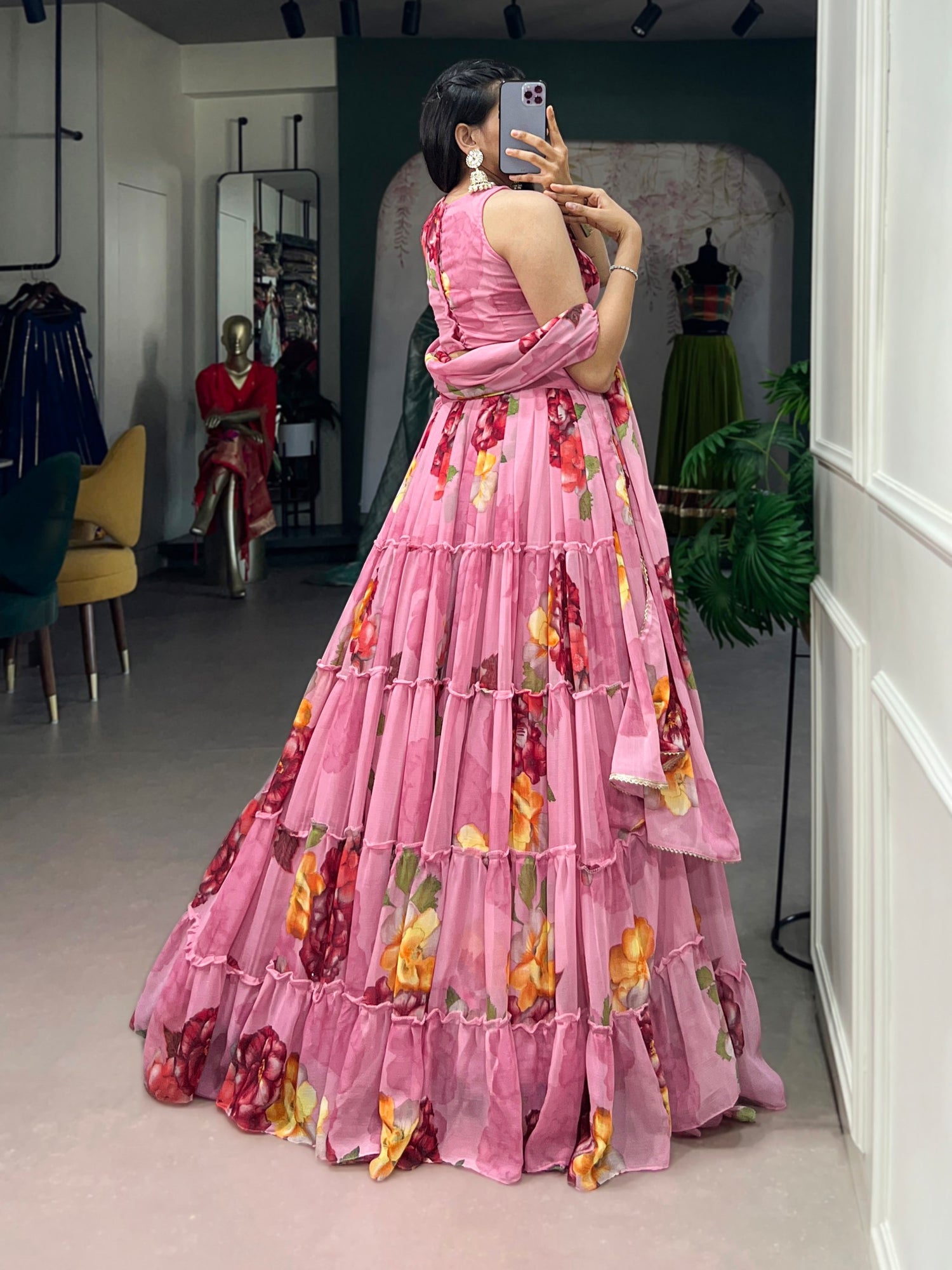 Pink Pure Lightweight Chiffon Elegant Floral Printed Lehenga Choli
