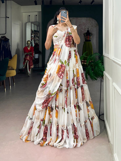 White Pure Lightweight Chiffon Elegant Floral Printed Lehenga Choli