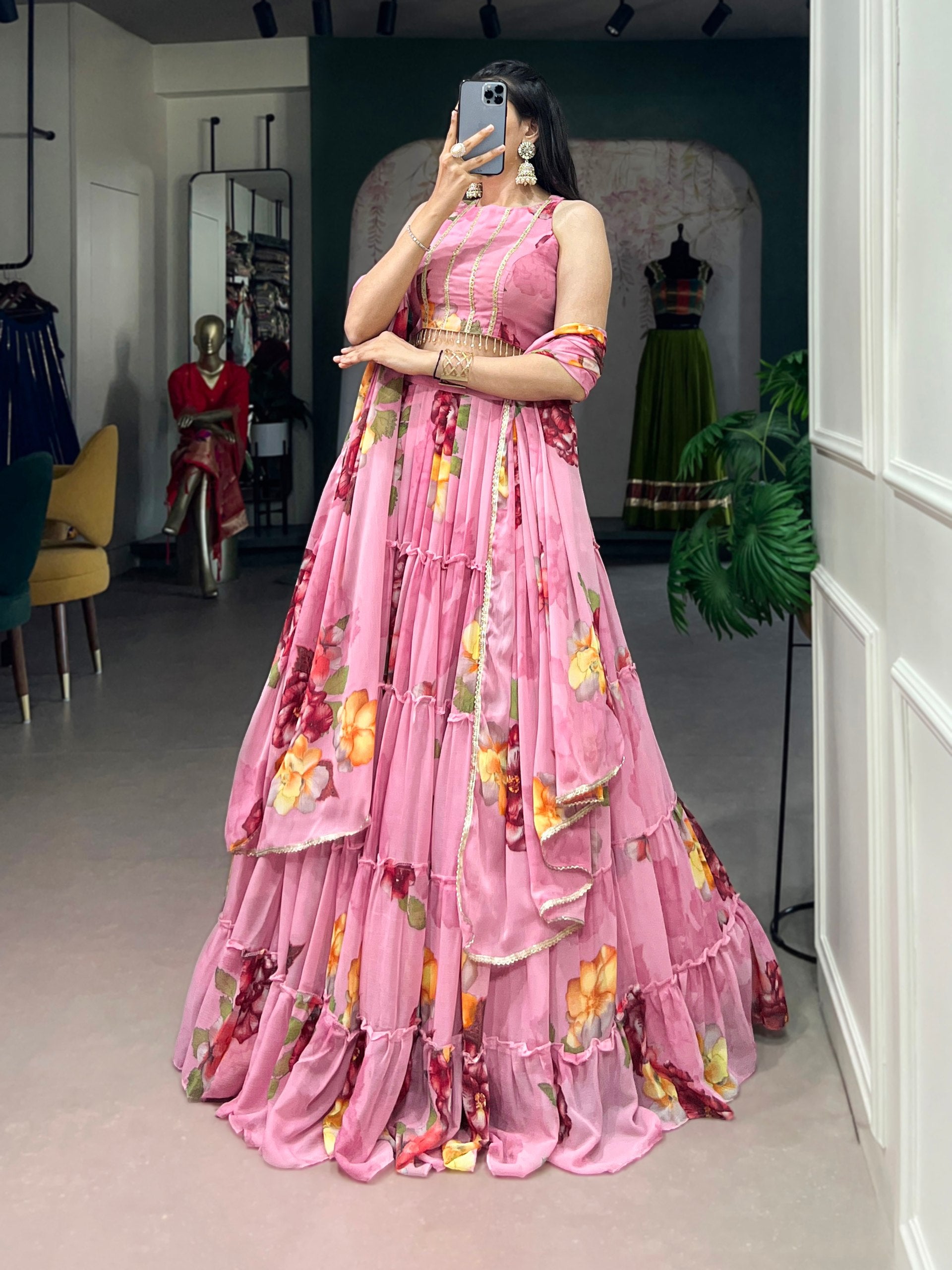 Pink Pure Lightweight Chiffon Elegant Floral Printed Lehenga Choli