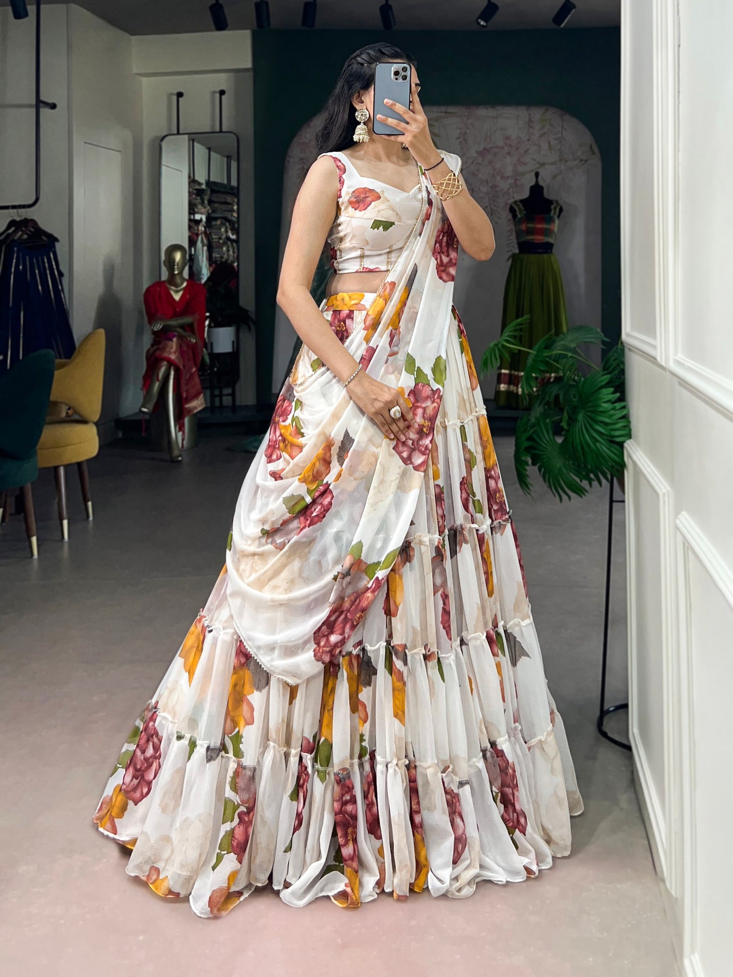 White Pure Lightweight Chiffon Elegant Floral Printed Lehenga Choli