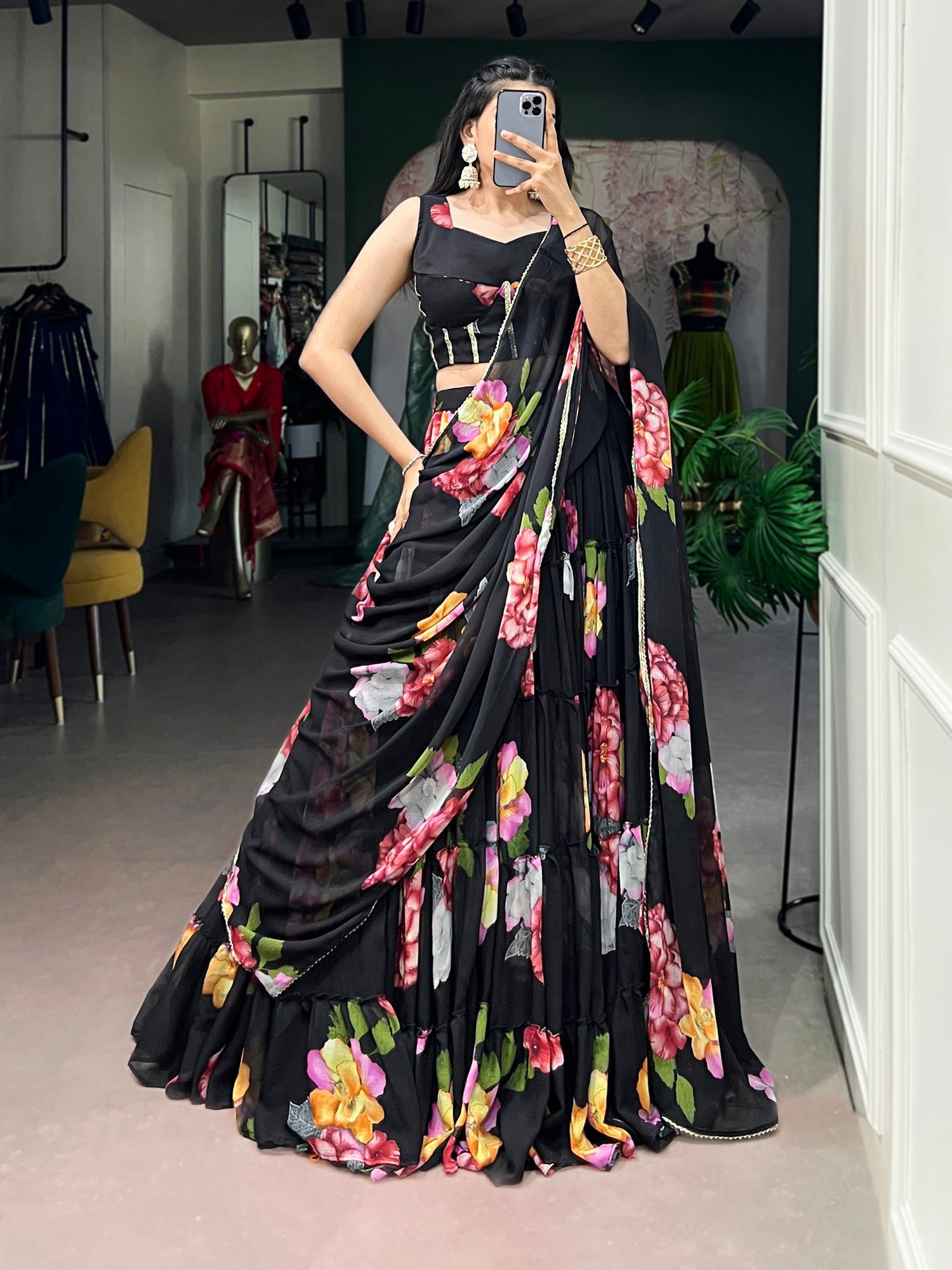 Black Pure Lightweight Chiffon Elegant Floral Printed Lehenga Choli