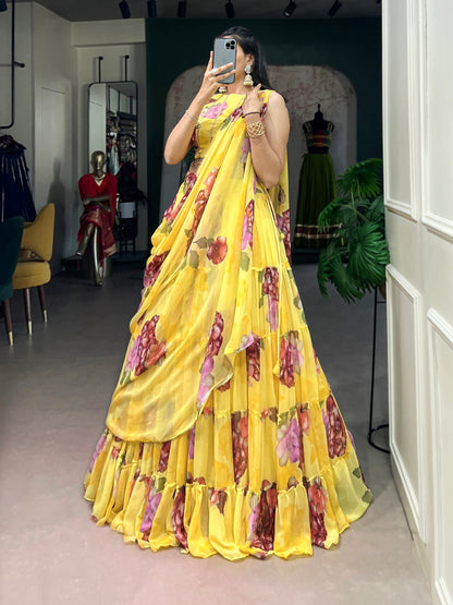 Yellow Pure Lightweight Chiffon Elegant Floral Printed Lehenga Choli