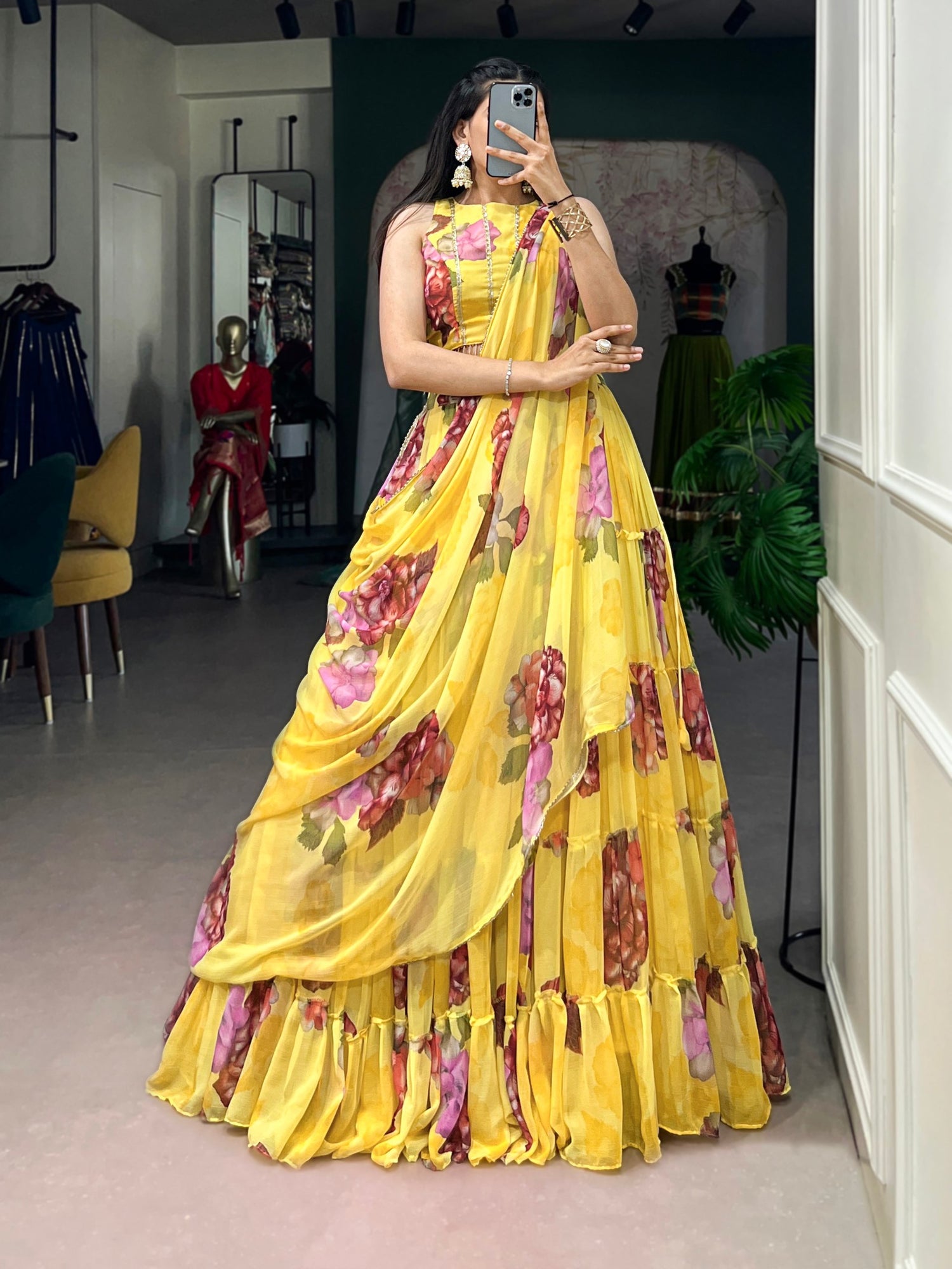 Yellow Pure Lightweight Chiffon Elegant Floral Printed Lehenga Choli