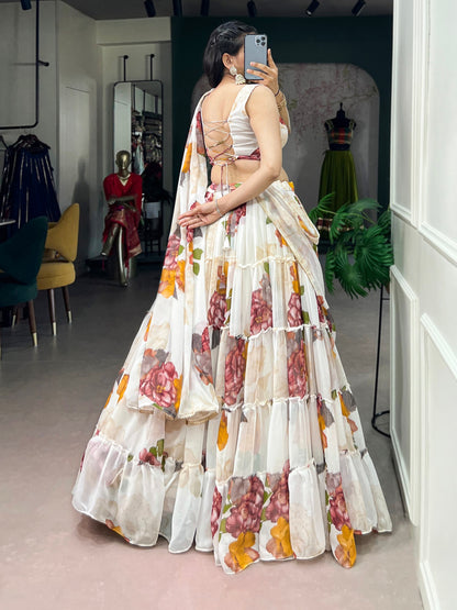 White Pure Lightweight Chiffon Elegant Floral Printed Lehenga Choli