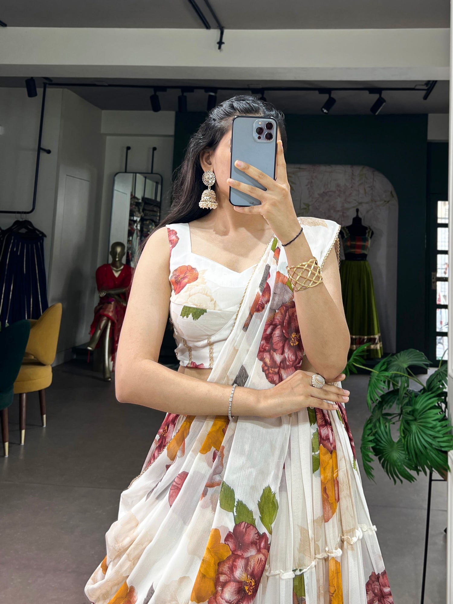 White Pure Lightweight Chiffon Elegant Floral Printed Lehenga Choli