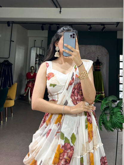 White Pure Lightweight Chiffon Elegant Floral Printed Lehenga Choli