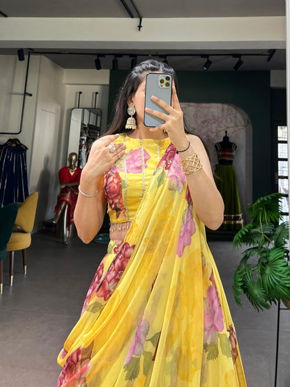 Yellow Pure Lightweight Chiffon Elegant Floral Printed Lehenga Choli