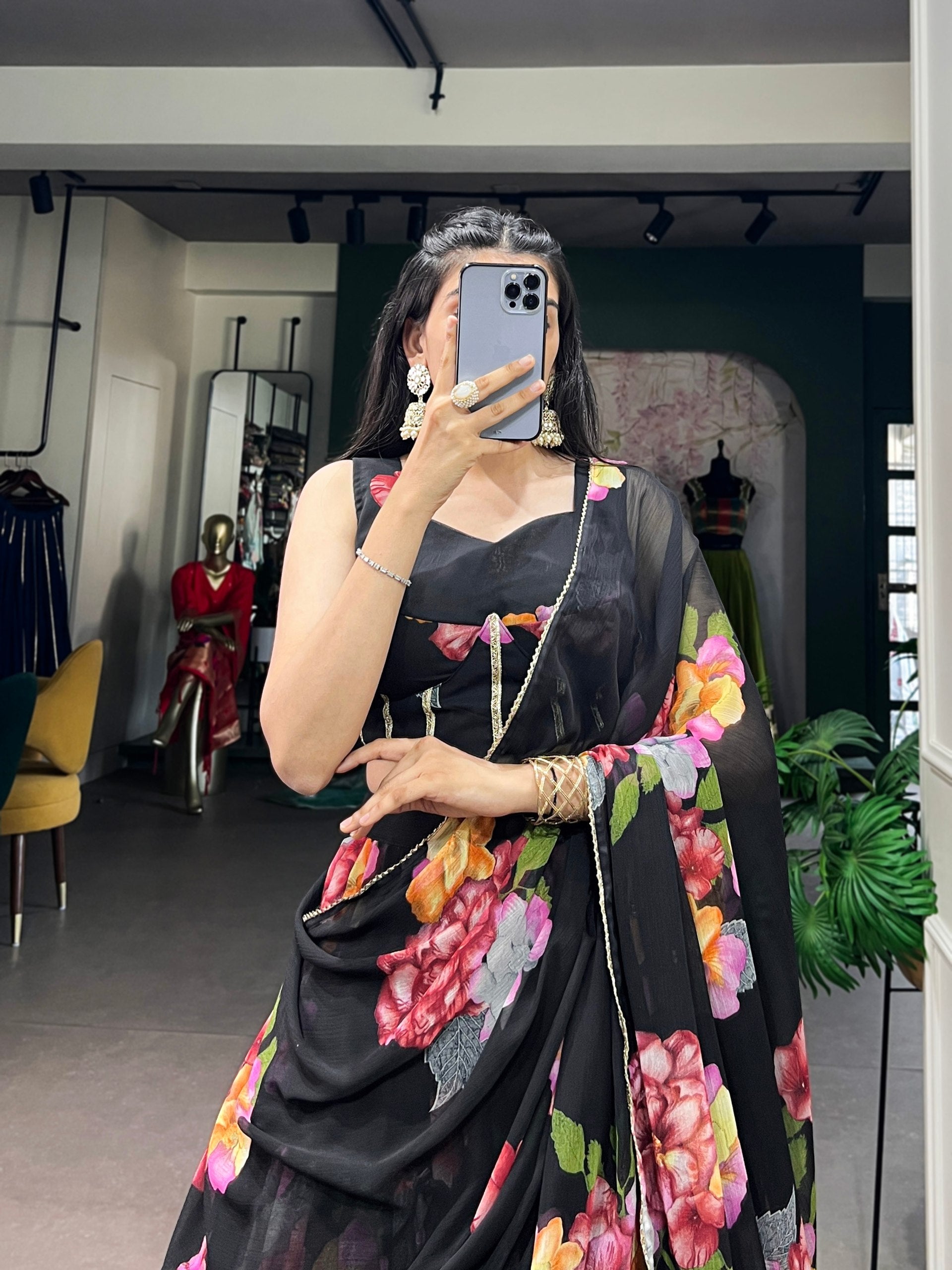 Black Pure Lightweight Chiffon Elegant Floral Printed Lehenga Choli