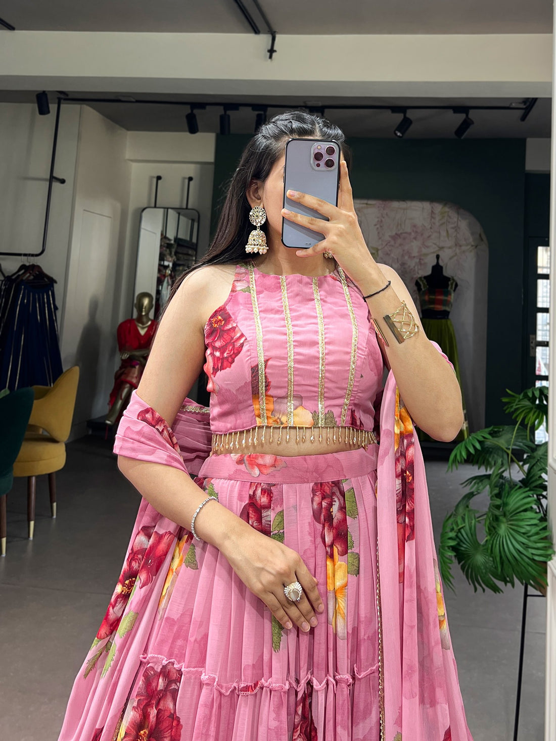 Pink Pure Lightweight Chiffon Elegant Floral Printed Lehenga Choli