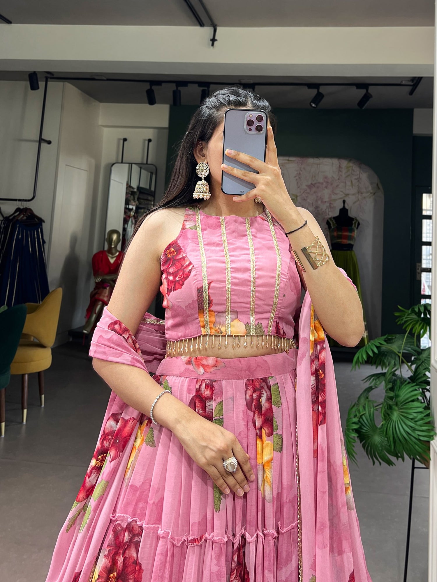 Pink Pure Lightweight Chiffon Elegant Floral Printed Lehenga Choli