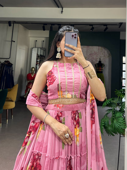 Pink Pure Lightweight Chiffon Elegant Floral Printed Lehenga Choli