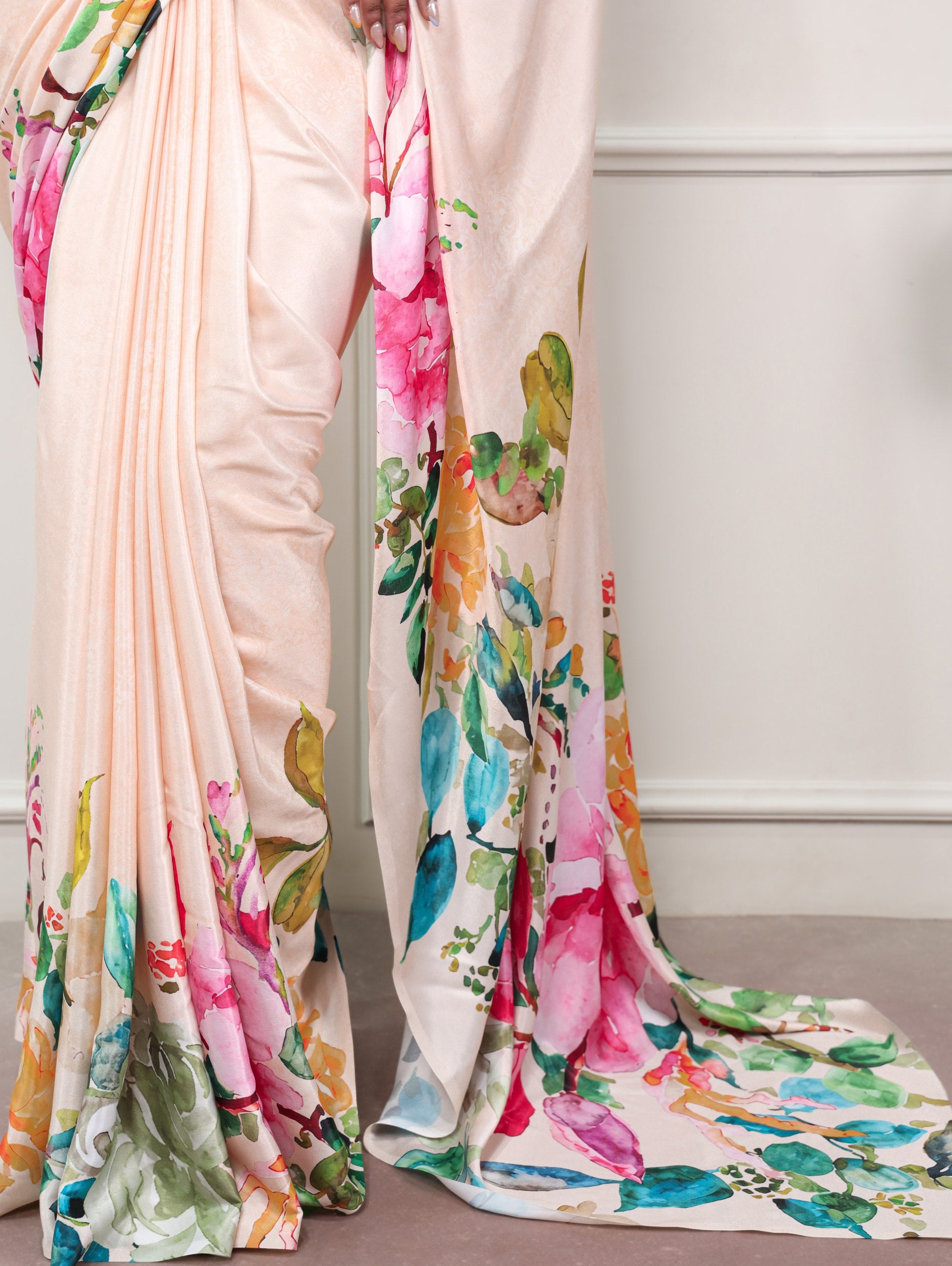 Cream Pure Soft Satin Silk Flower Printed Satin Saree