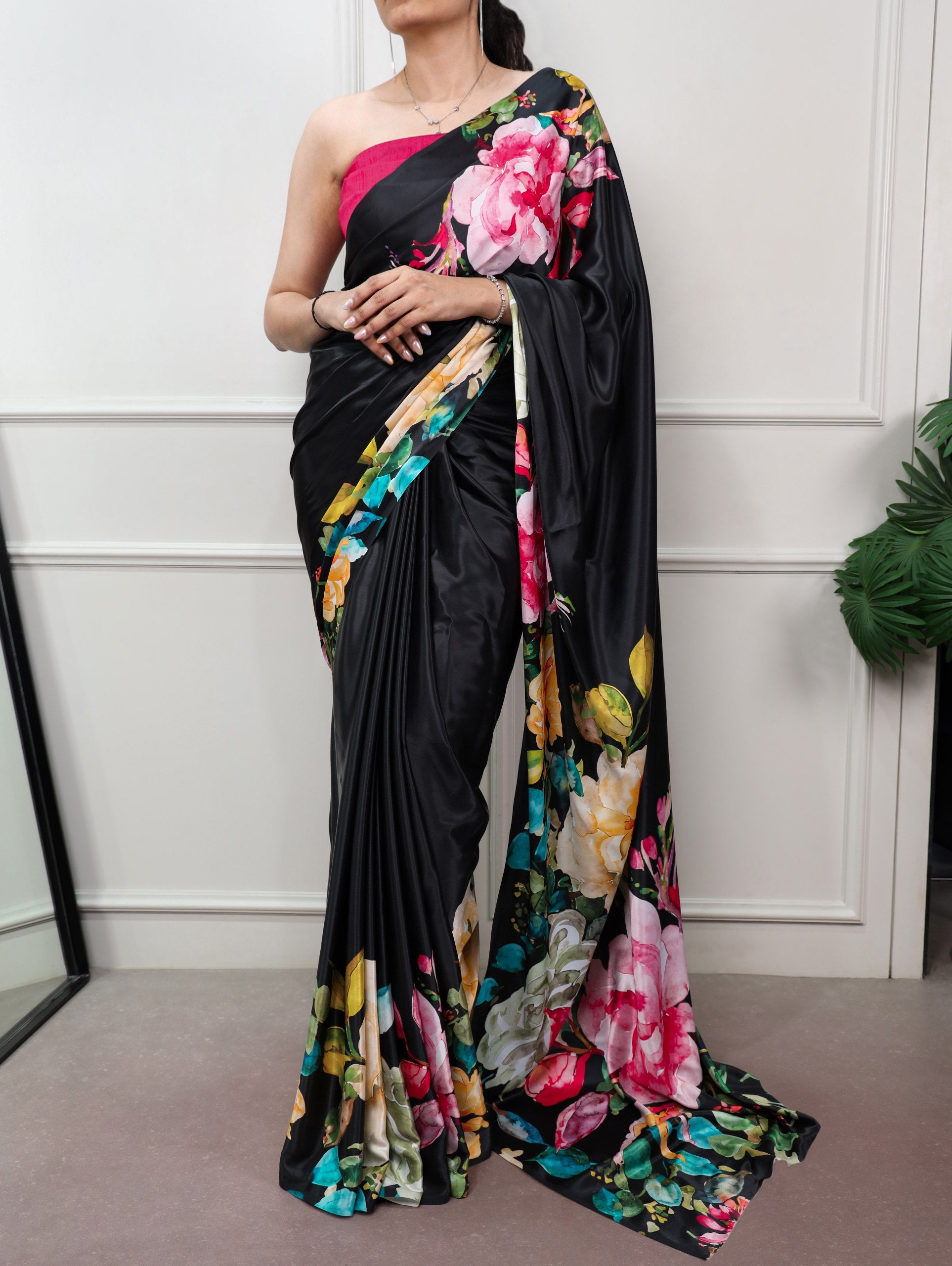 Black Pure Soft Satin Silk Flower Printed Satin Saree