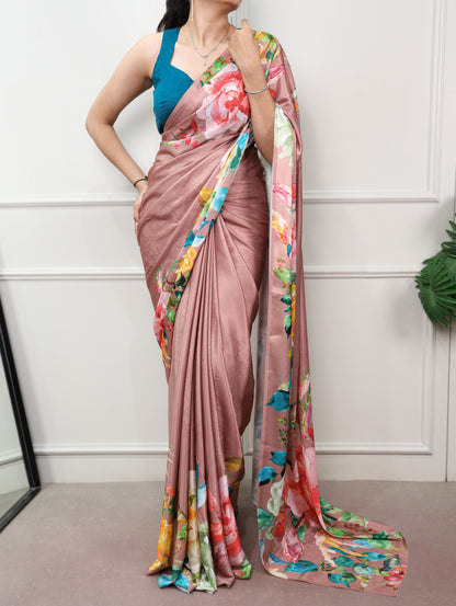 Rosy Brown Pure Soft Satin Silk Flower Printed Satin Saree