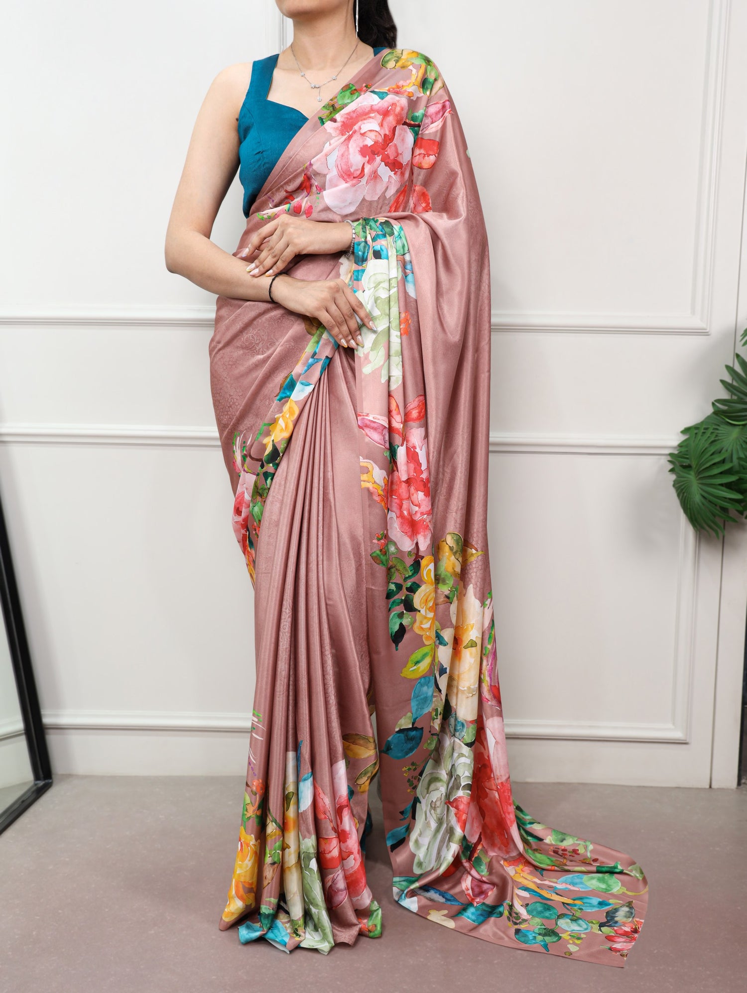 Rosy Brown Pure Soft Satin Silk Flower Printed Satin Saree