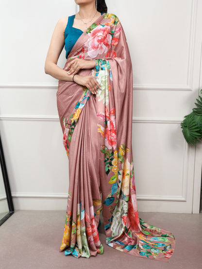 Rosy Brown Pure Soft Satin Silk Flower Printed Satin Saree
