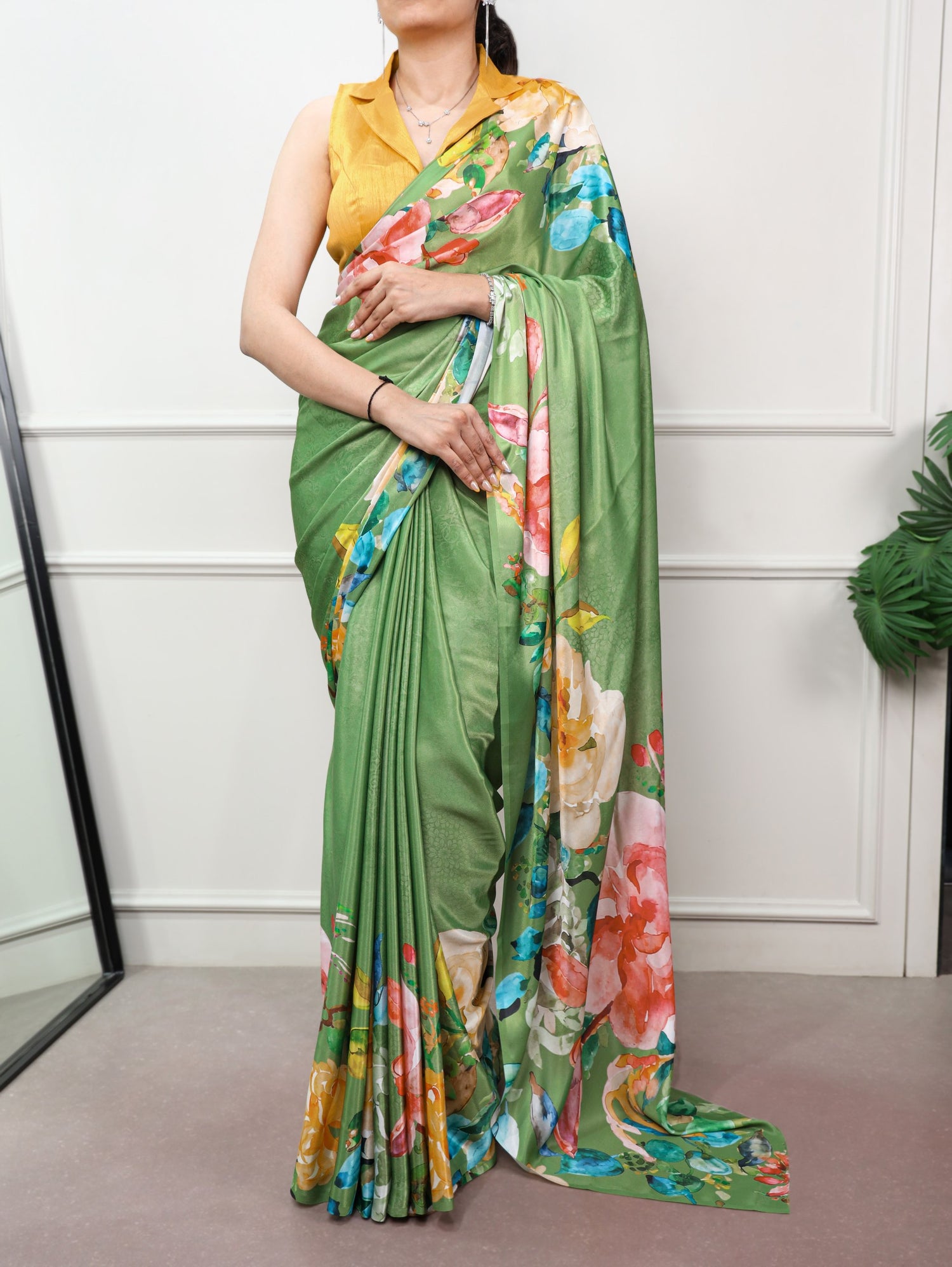 Parrot Pure Soft Satin Silk Flower Printed Satin Saree