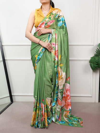 Parrot Pure Soft Satin Silk Flower Printed Satin Saree