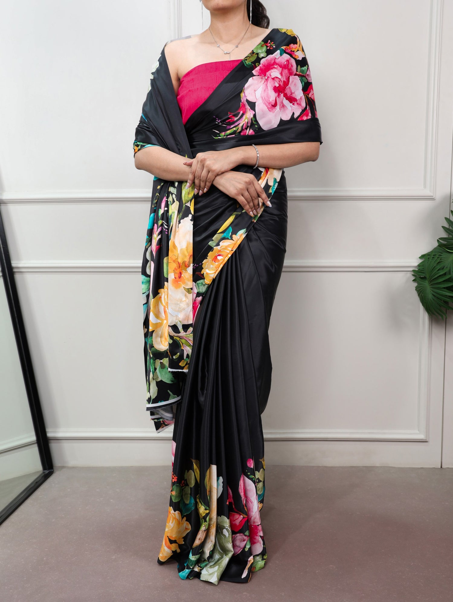 Black Pure Soft Satin Silk Flower Printed Satin Saree