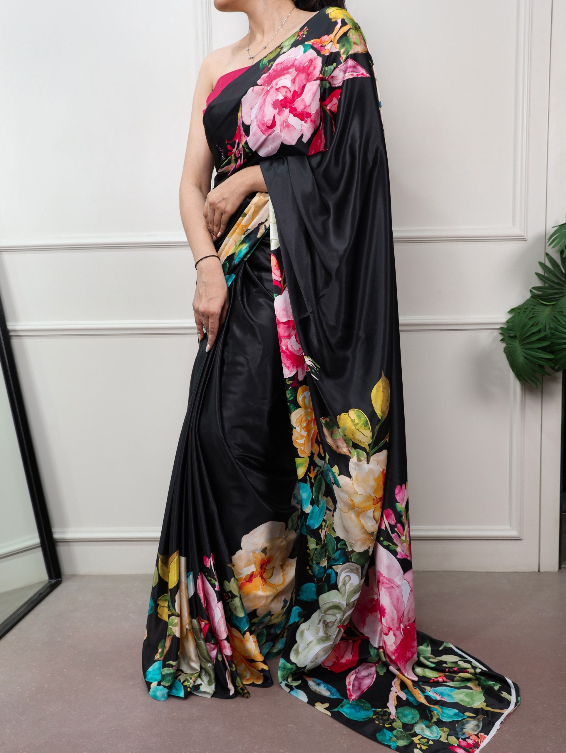 Black Pure Soft Satin Silk Flower Printed Satin Saree
