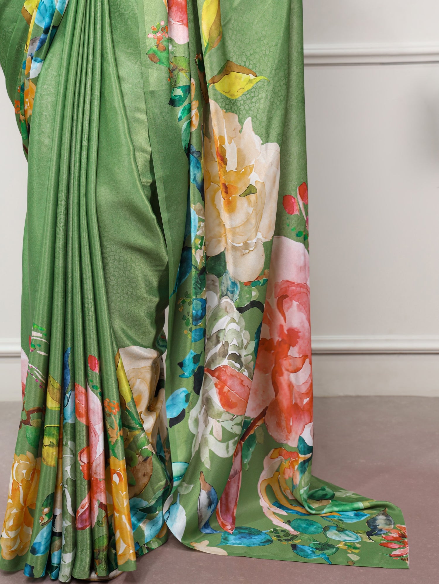 Parrot Pure Soft Satin Silk Flower Printed Satin Saree