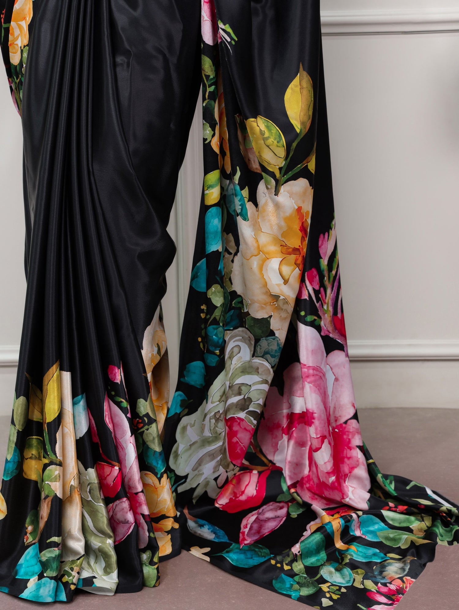 Black Pure Soft Satin Silk Flower Printed Satin Saree